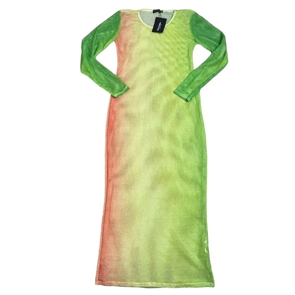 NWT Prettylittlething Green Ombre Micro Fishnet Long Sleeve Maxi Beach Dress